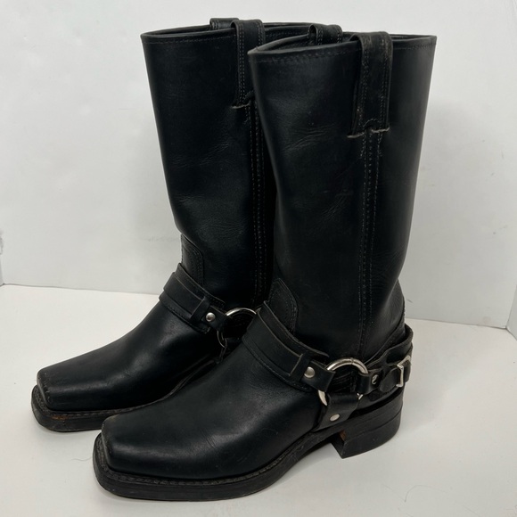Frye Black Leather Biker Harness Boots